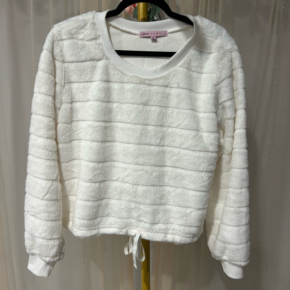 Crave Fame Fuzzy White Crew Neck Sweater